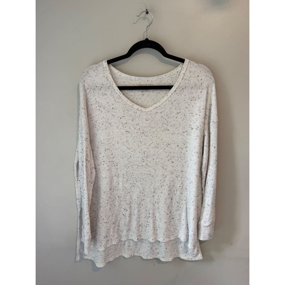 American Eagle Ribbed Speckled V-Neck Long Sleeve Top Gray White Medium